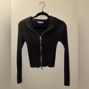 SO Black Zip Up Hooded Cropped Sweater